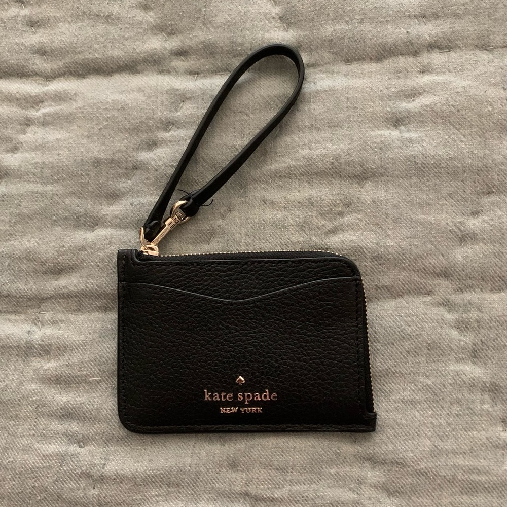 kate spade Black Leather Wristlet Card Holder with Gold Hardware